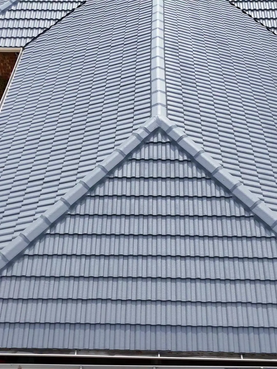 Close up of a restored hip and ridge line, new pointing and coating