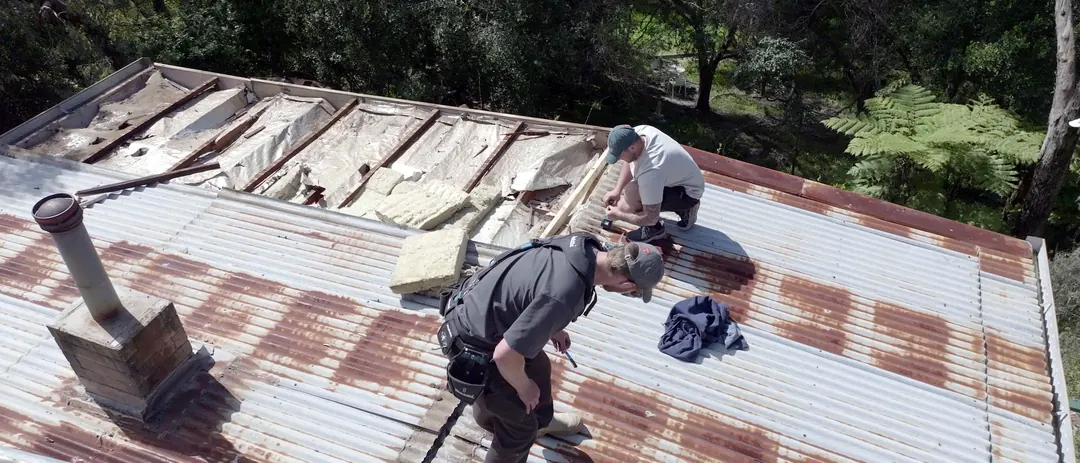 The crew lifting rusted corrugated iron off a roof, the old sarking and insulation showing underneath