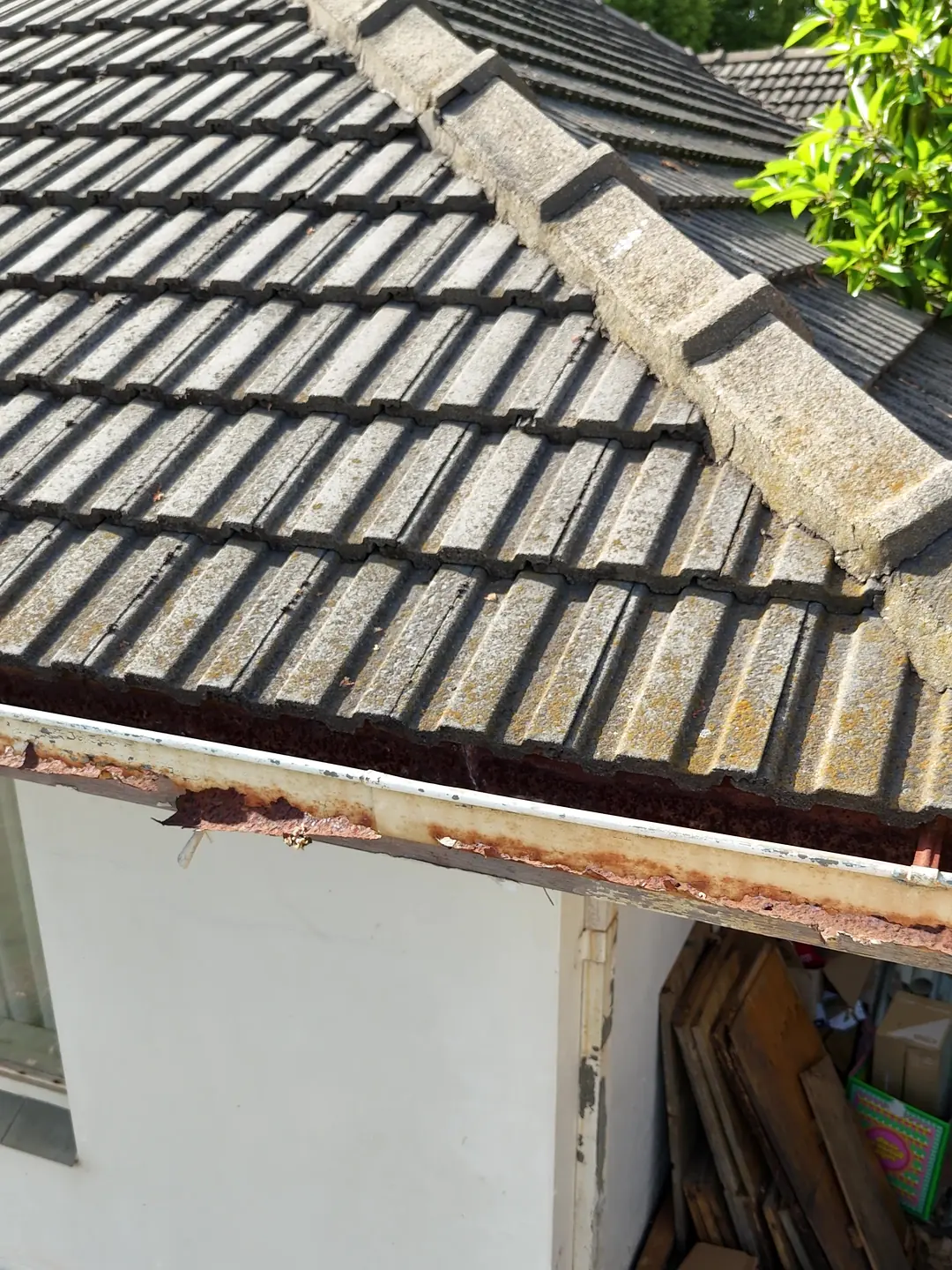 Weathered concrete tiles above a rusted gutter and flaking fascia